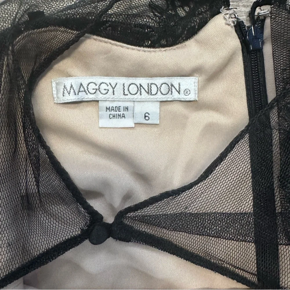 Maggy London Lace Fit & Flare Black Dress Nude Lining Womens Sz. 6 - Picture 6 of 7